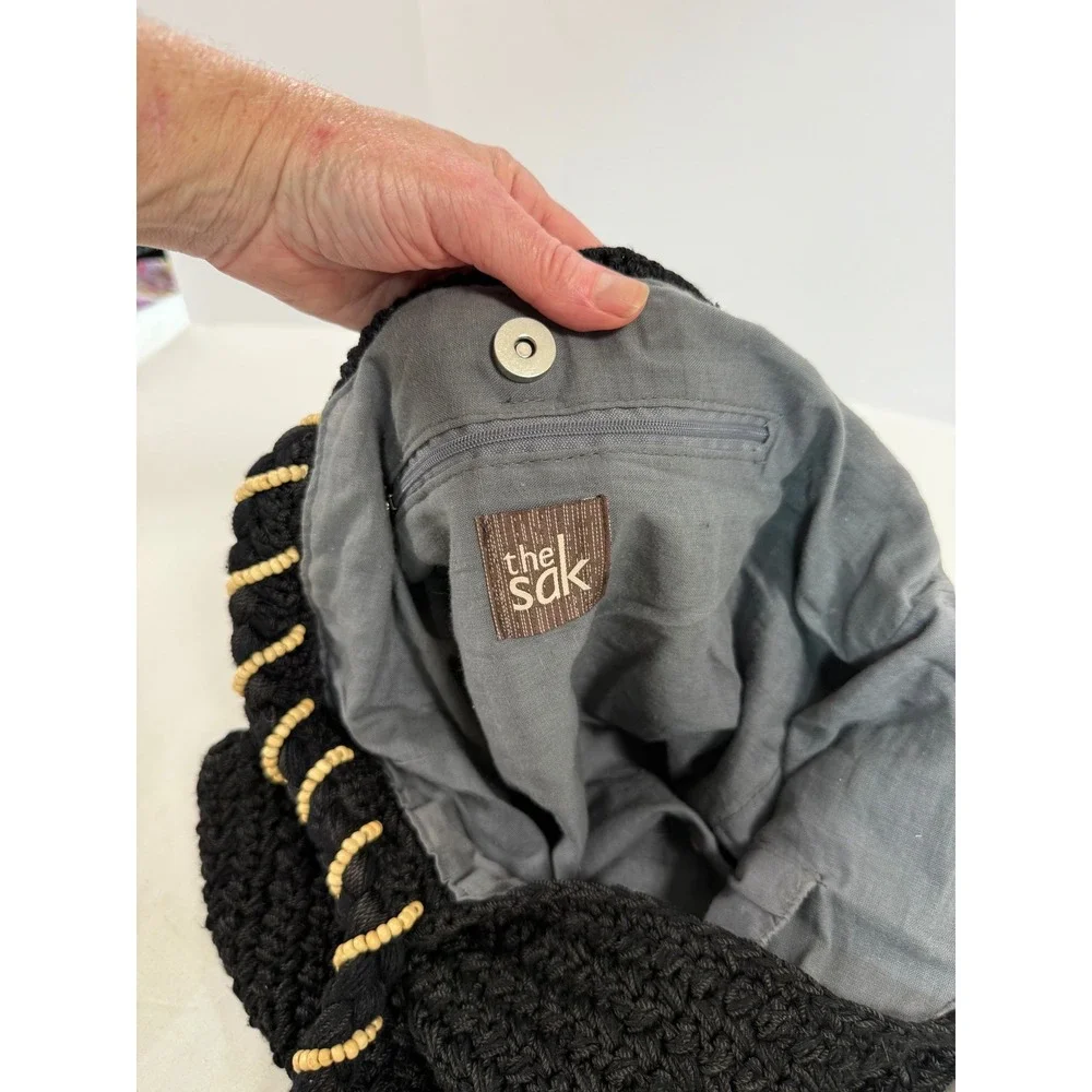 The Sak Black Crochet Hobo Bag Wood Beaded Braided Straps Boho Shoulder Bag
